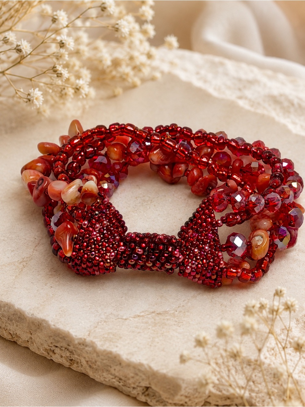 Handmade Guatemalan Red Beaded Wrap Bracelet with Magnetic Closure